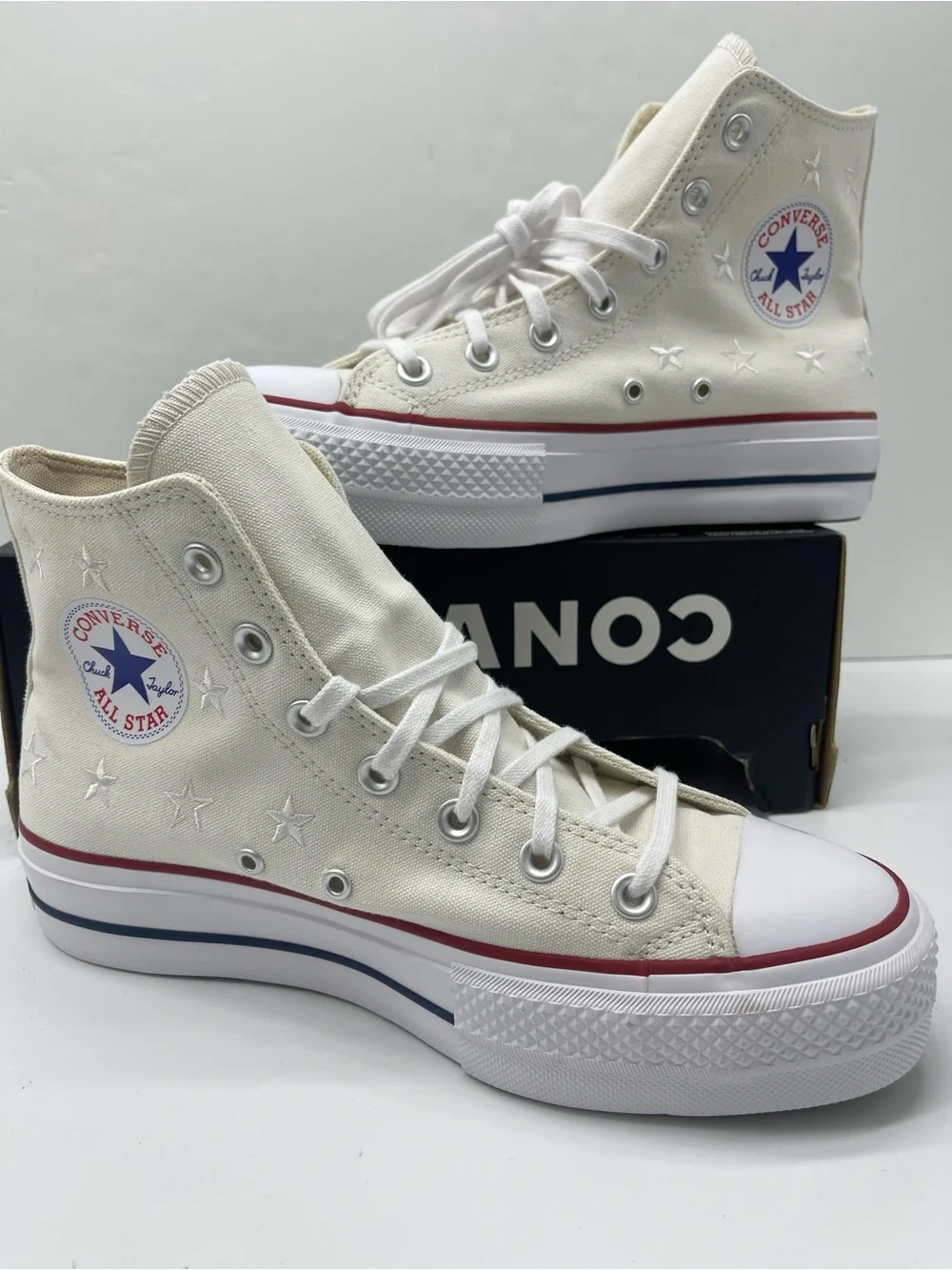 Converse A15538C WMNS Sz 8.5 CTAS LIT HI VINTAGE WHITE/RED/NAVY Platform Sneaker